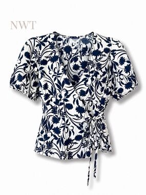 NWT Old Navy Navy White Floral Wrap Top Puff Sleeve Tie Waist